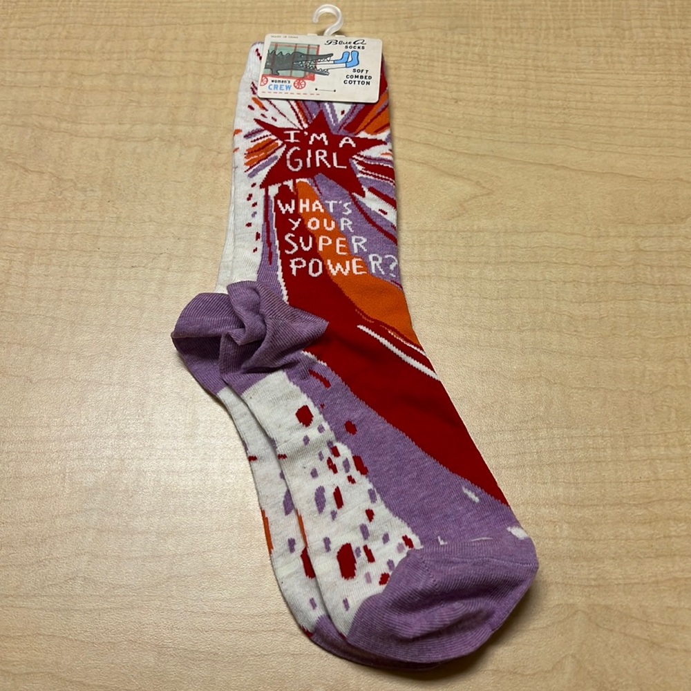 What’s Your Superpower crew socks, NWT